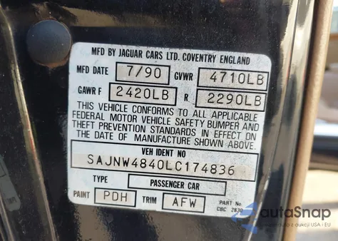 1990 Jaguar Xjs z USA, uszkodzony, nr VIN SAJNW4840LC174836